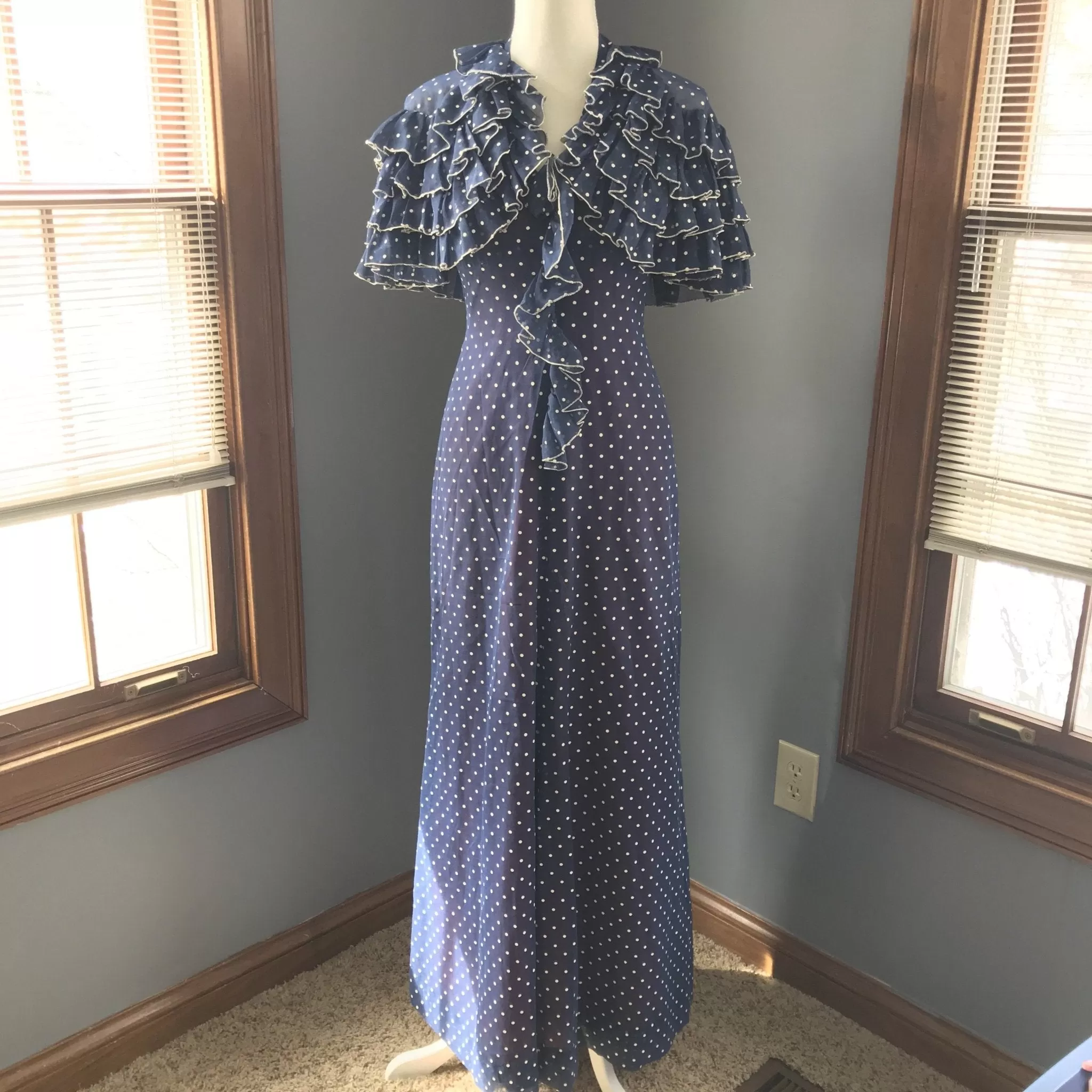 Vintage Polka Dot Sundress and Capelet by Phyllis Sues for Saks Fifth Avenue. Navy Blue and White