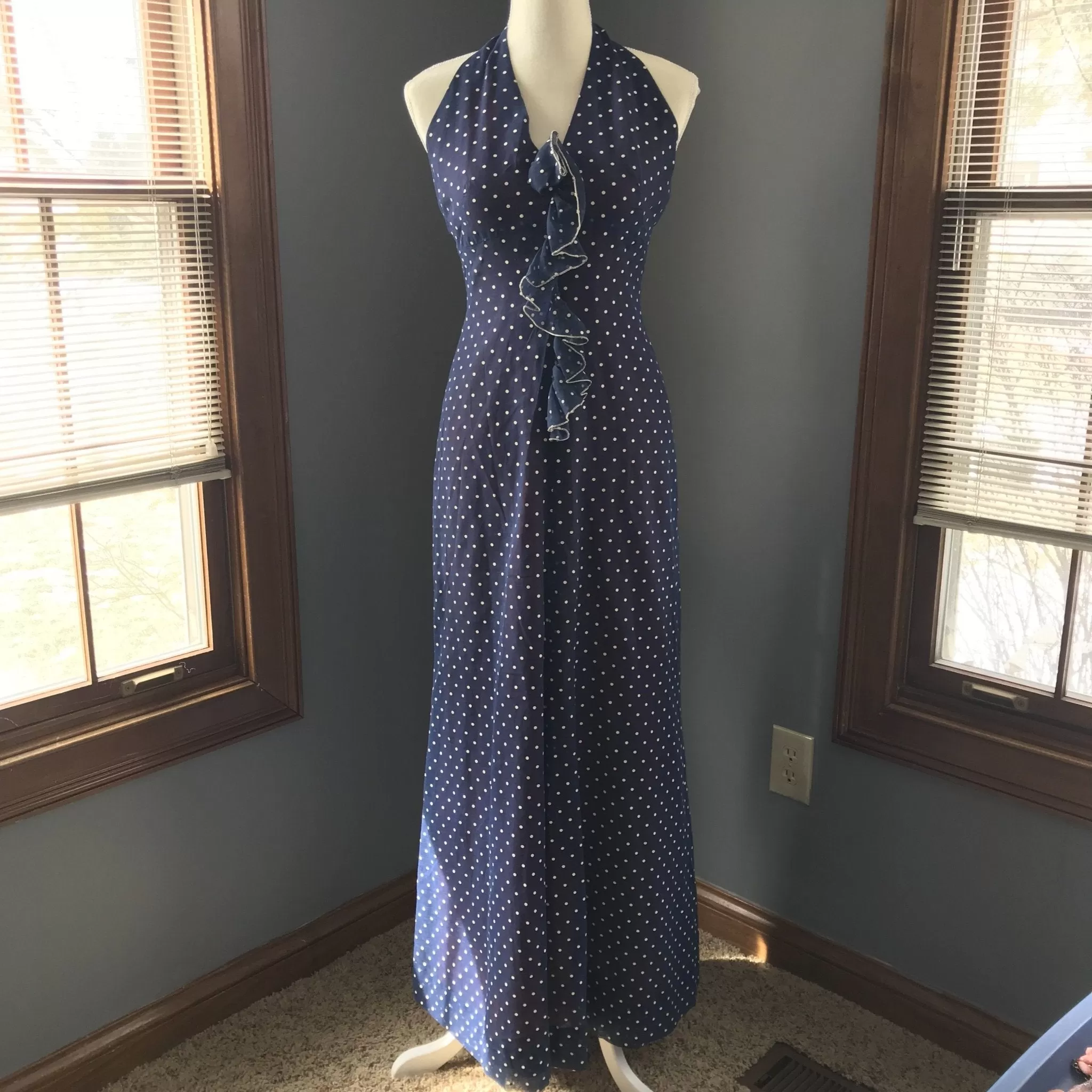 Vintage Polka Dot Sundress and Capelet by Phyllis Sues for Saks Fifth Avenue. Navy Blue and White