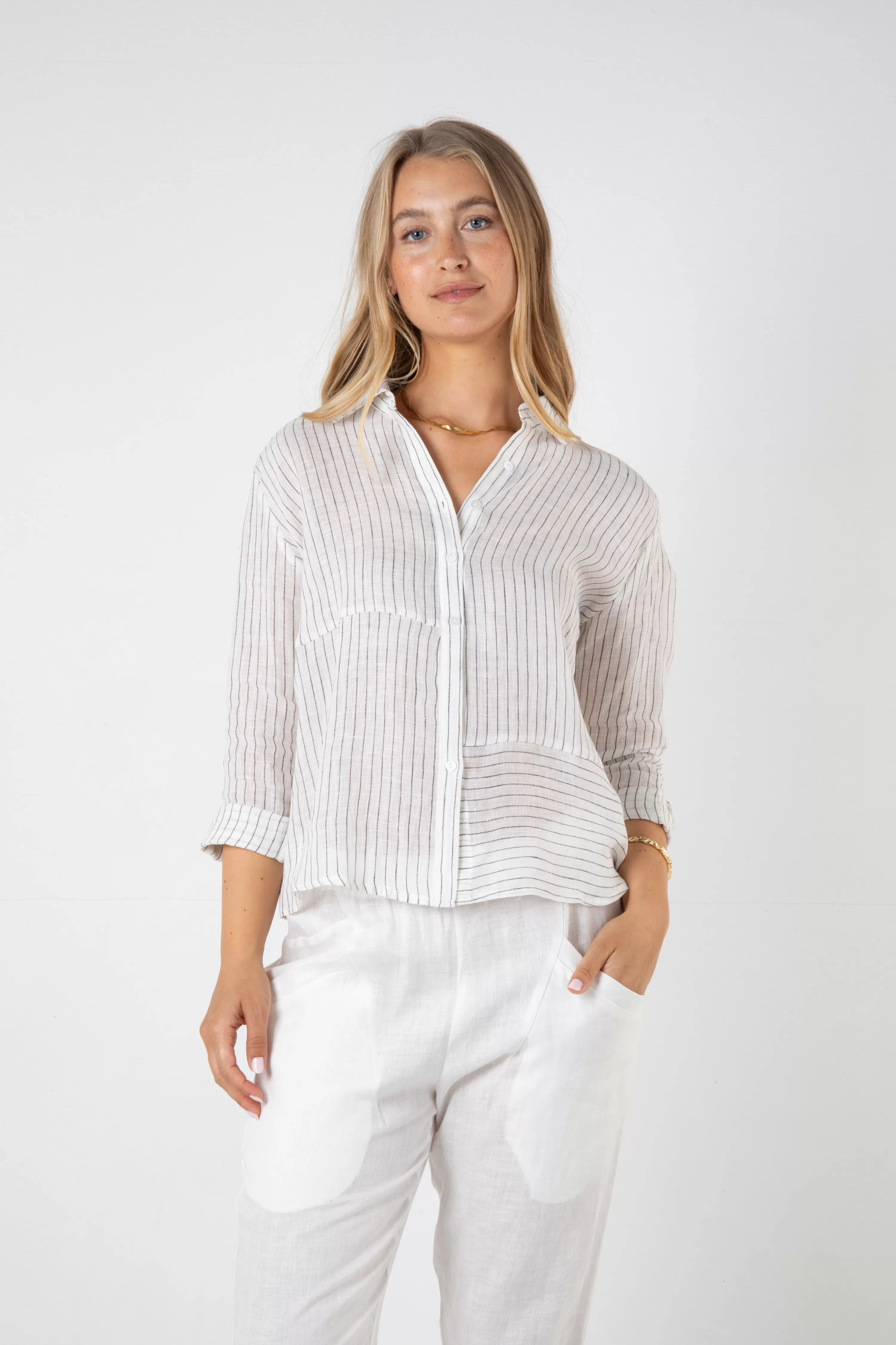 WESLEY LINEN SHIRT - SAND STRIPE